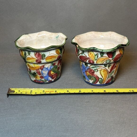 Vintage Italian Hand painted Pottery Planter Floral Etched Ceramic Flower Pot - Picture 7 of 8